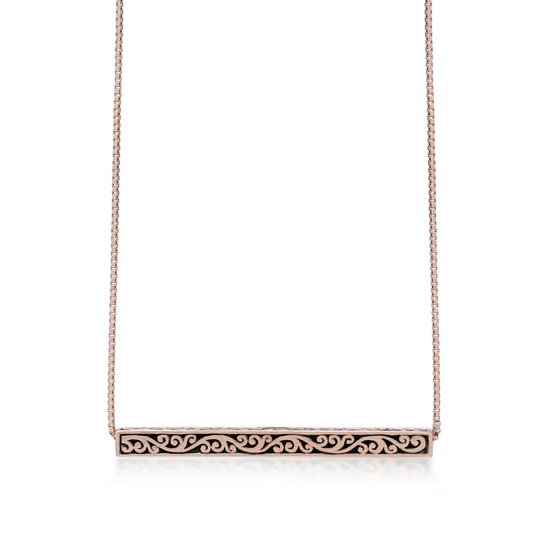 18K Rose Gold with Lois Hill Intricate Scroll Bar Necklace (30mm*3mm). Adjustable Chain 18"