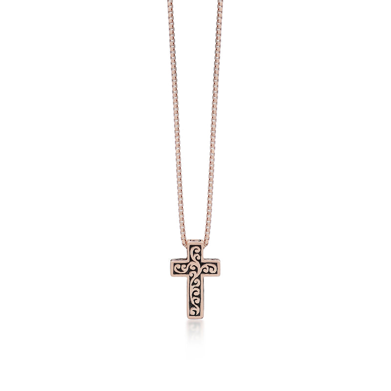18K Rose Gold Cross with Lois Hill Scroll Nekalce (7mm*11mm). Adjustable Chain 18"