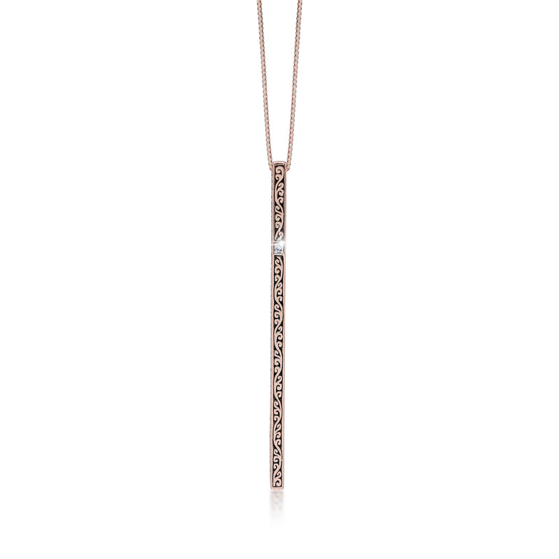 18K Long Rose Gold Bar Classic Signature Lois Hill Scroll with Diamond (0.01 CT) Strip Necklace (2mm*54mm)