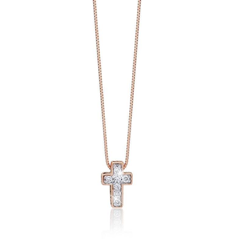 18K Rose Gold and White Diamond (0.08 CT) Cross with Classic Signature Lois Hill Scroll Necklace (6mm*9mm)