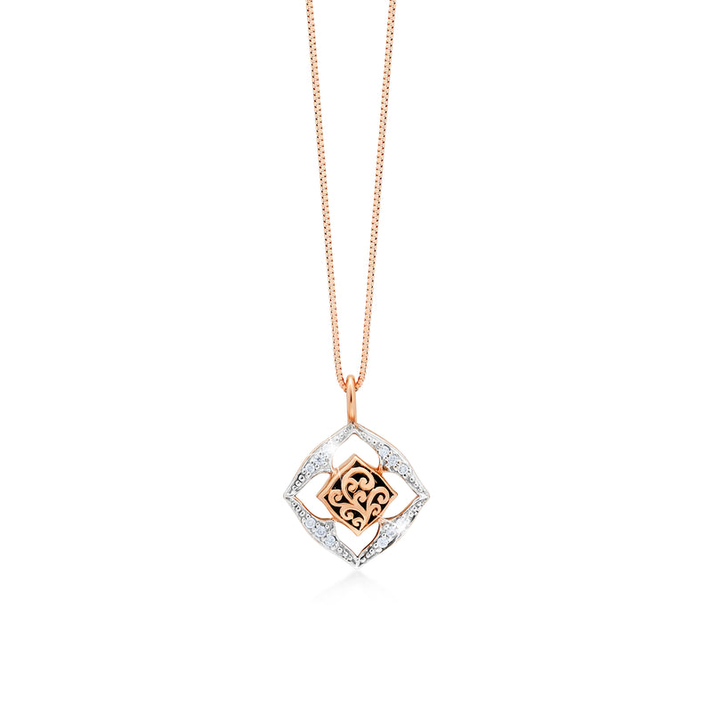 18K Rose Gold and Diamond (0.05 CT) Accents on Four Leaves Cutout with Signature Lois Hill Scroll Necklace (13mm*13mm)