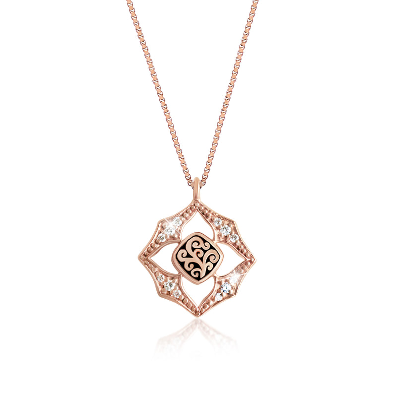 18K Rose Gold and Starburst Diamond (0.08 CT) Halo with Classic Signature Lois Hill Solitaire Scroll Necklace