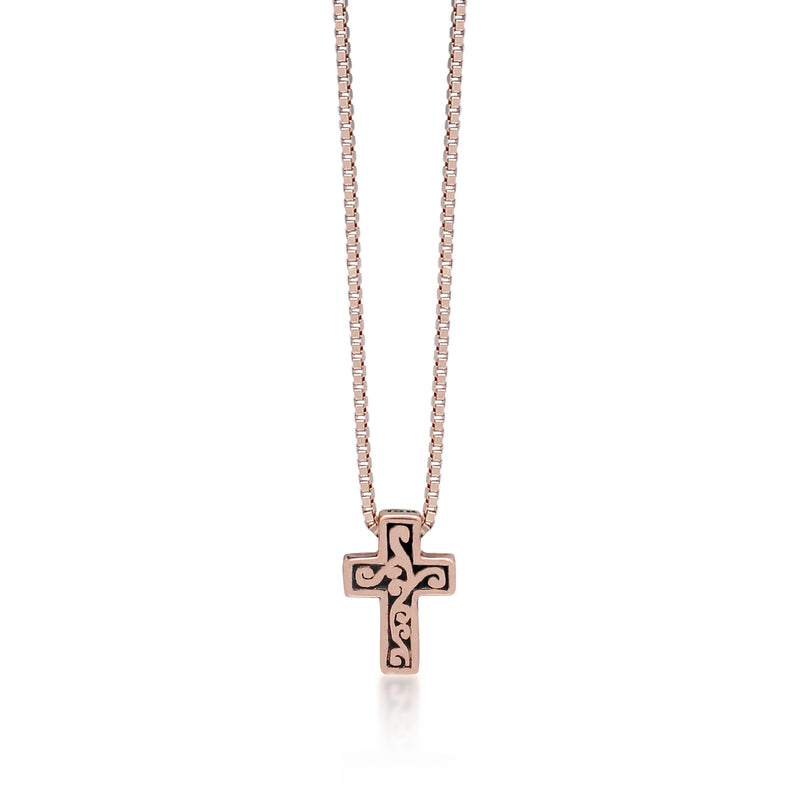 18K Rose Gold Cross with Signature Lois Hill Scroll Necklace. Adjustable Chain 18"