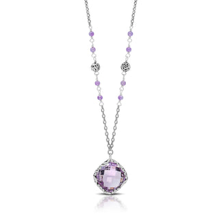 Rose-de-France Amethyst (18mm) Pendant with Faceted Bead Wire Wrapped Necklace (18")