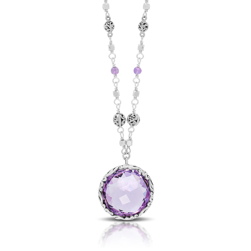 Rose-de-France Amethyst (18mm) Pendant with Elegant Faceted Beads Chain Necklace (18")