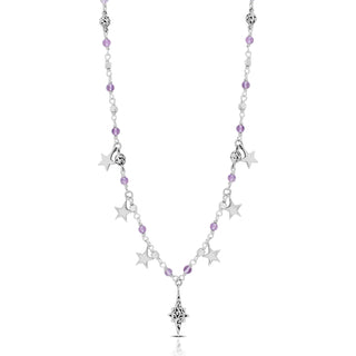 Rose-de-France Amethyst Beads with Star Charms & Starburst Pendant Necklace (17"-20")