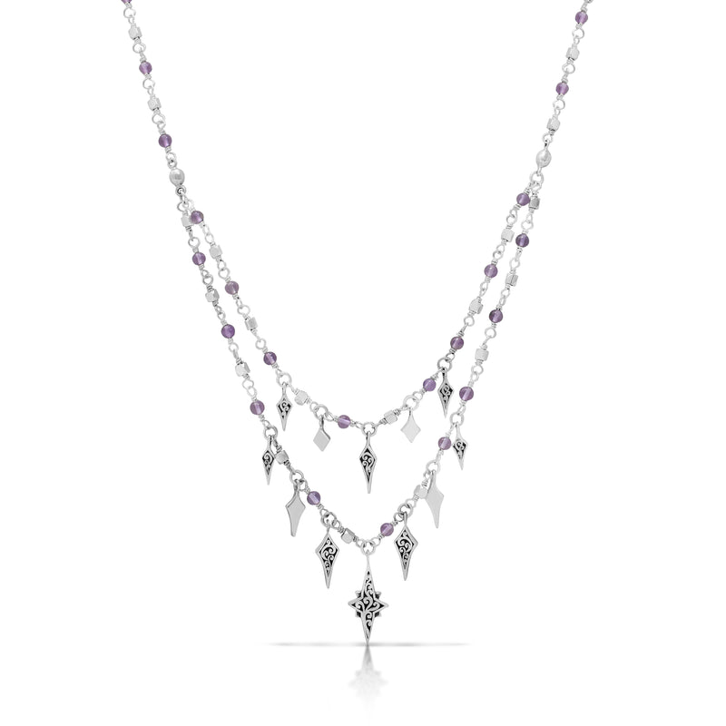 Rose-de-France Amethyst Beads with Elegant Double Layers Starburst Charms Necklace (17"-20")