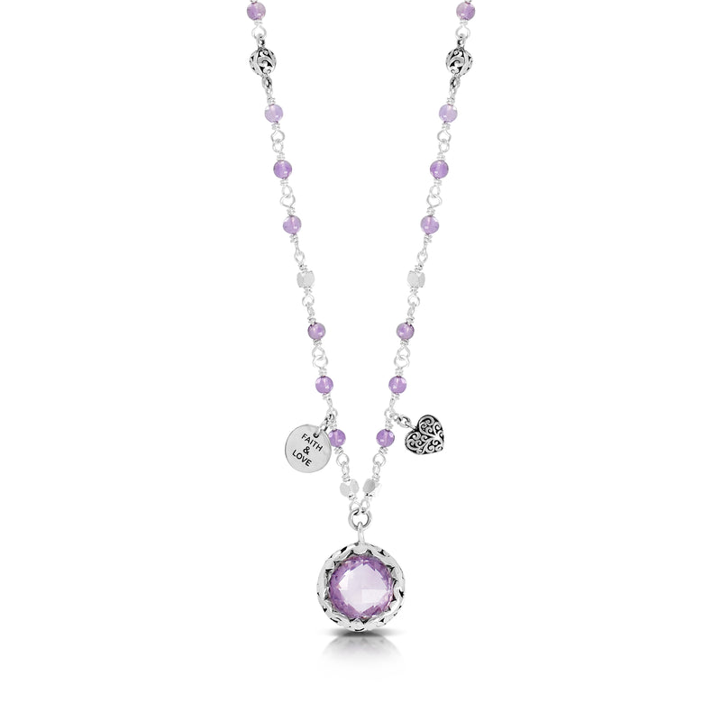 Rose-de-France Faith and Love Amethys Beads With 10 mm Round Amethys Pendant Wire-Wrapped Necklace (17"-20")