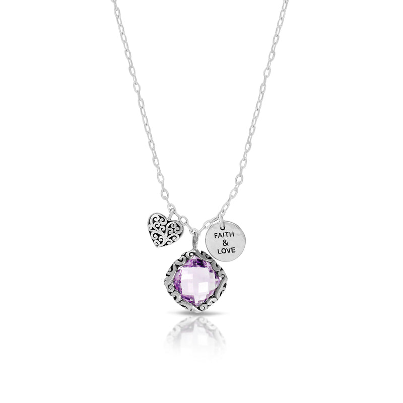 Rose-de-France Faith and Love With 10  mm Square Amethys Pendant Chain Necklace (17"-20")