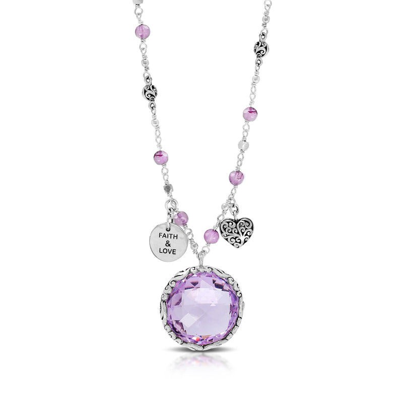 Rose-de-France Amethyst (18mm) Pendant with "Faith & Love" and Scroll Heart Charm Elegant Necklace (17" -20")