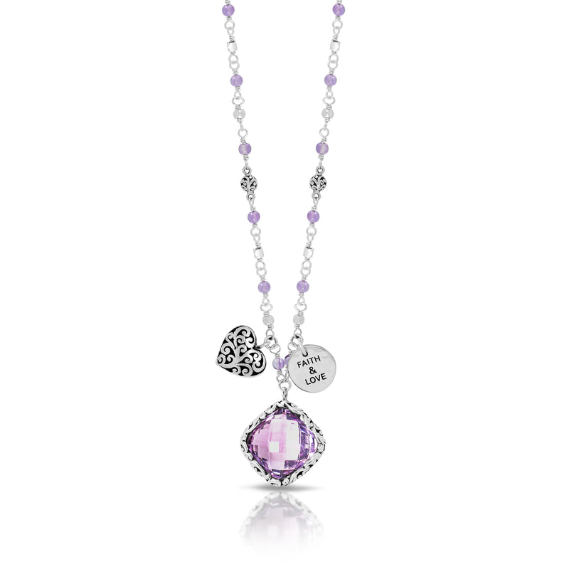Rose-de-France Faceted Amethyst (14mm) Pendant with "Faith & Love" and Scroll Heart Charm Necklace (17"- 20")