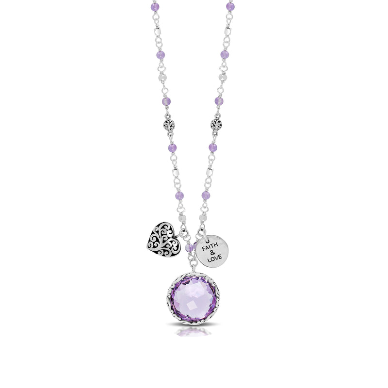 Rose-de-France Amethyst (15mm) Pendant with "Faith & Love" and Scroll Heart Charm Pendant Elegant Necklace (17" -20")