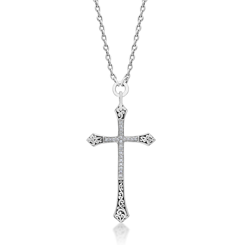 Classic Cutout Scroll with White Diamond Accent Cross Pendant Necklace