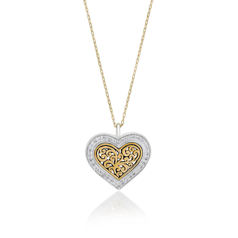 18K Gold Heart Open and White Diamond (0.16 CT) Silhouette with Classic Signature Lois Hill Scroll Necklace (15mm*15mm)