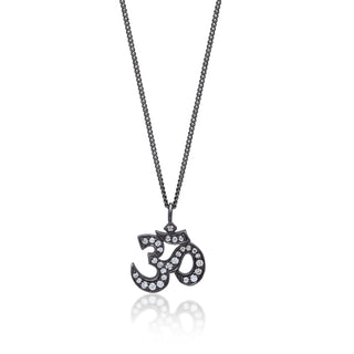 White Diamond 'Om' Pendant Necklace in Black Rhodium Plated Sterling Silver