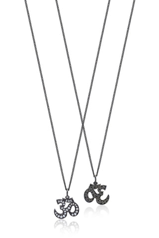 White Diamond 'Om' Pendant Necklace in Black Rhodium Plated Sterling Silver