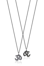 White Diamond 'Om' Pendant Necklace in Black Rhodium Plated Sterling Silver
