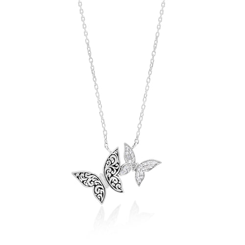 Handcarved Scroll & Diamond Butterfly Necklace - Lois Hill Jewelry