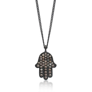 Brown Diamond Hamsa Pendant Necklace in Black Rhodium Plated Sterling Silver