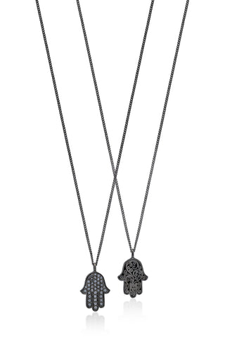 Black Diamond Hamsa Pendant Necklace in Black Rhodium Plated Sterling Silver
