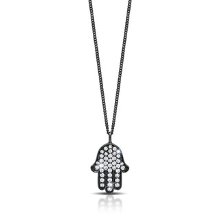 White Diamond Hamsa Pendant Necklace in Black Rhodium Plated Sterling Silver