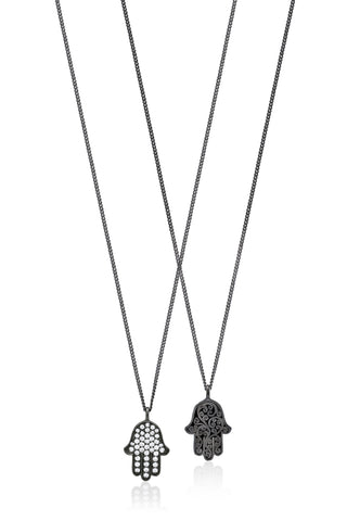 White Diamond Hamsa Pendant Necklace in Black Rhodium Plated Sterling Silver