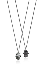 White Diamond Hamsa Pendant Necklace in Black Rhodium Plated Sterling Silver