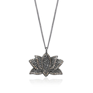 Brown Diamond Lotus Pendant Necklace in Black Rhodium Plated Sterling Silver