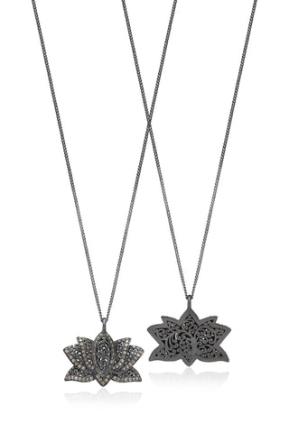 Brown Diamond Lotus Pendant Necklace in Black Rhodium Plated Sterling Silver