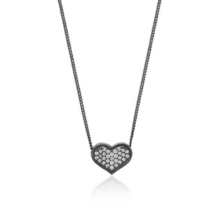 White Diamond Heart Pendant Necklace in Black Rhodium Plated Sterling Silver