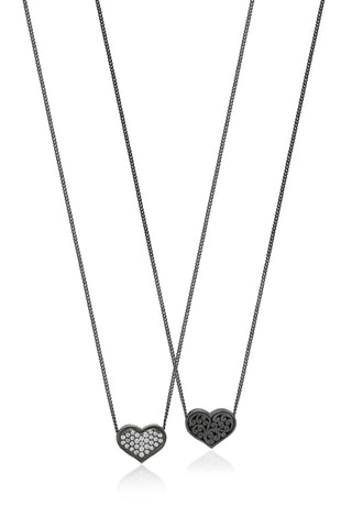 White Diamond Heart Pendant Necklace in Black Rhodium Plated Sterling Silver