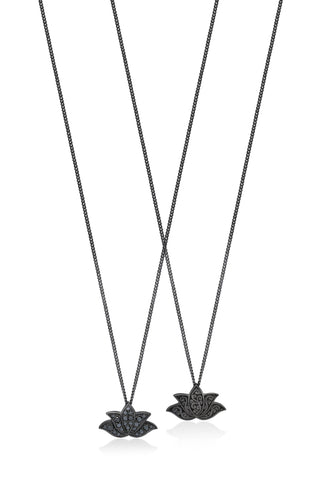 Small Black Diamond Lotus Pendant Necklace in Black Rhodium Plated Sterling Silver