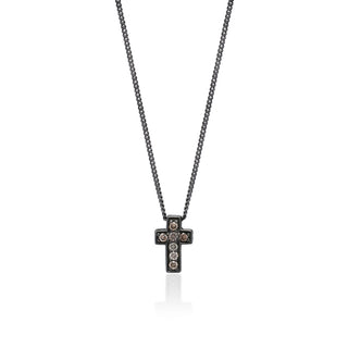 Small Brown Diamond Cross Pendant Necklace in Black Rhodium Plated Sterling Silver