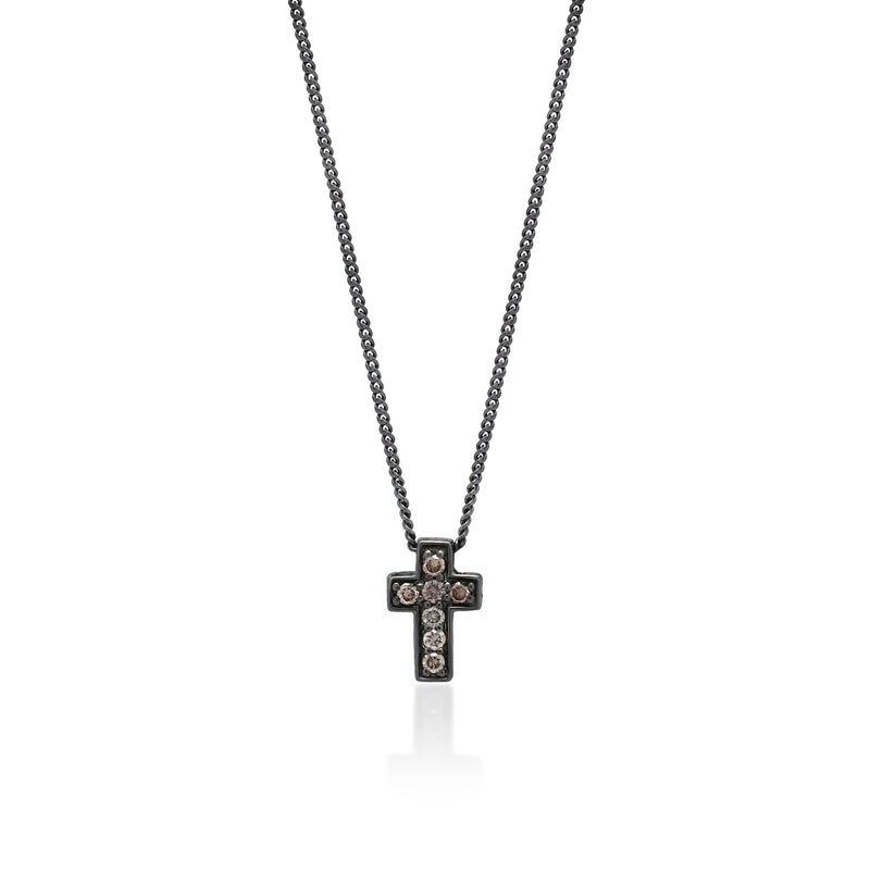 Small Brown Diamond Cross Pendant Necklace in Black Rhodium Plated Sterling Silver