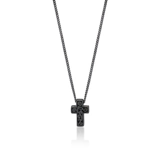 Small Black Diamond Cross Pendant Necklace in Black Rhodium Plated Sterling Silver