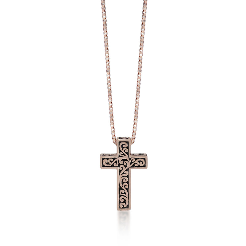 18K Rose Gold Cross Necklace with Lois Hill Signature Scroll (9mm*14mm). Adjustable Chain 18"