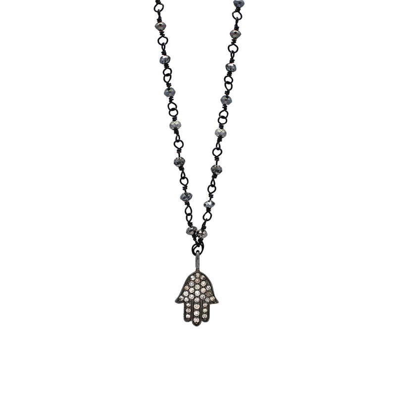 Brown Diamond (6.93 CT) Hamsa Pendant on Roughcut Black Diamond Bead Necklace (8mm*14mm)
