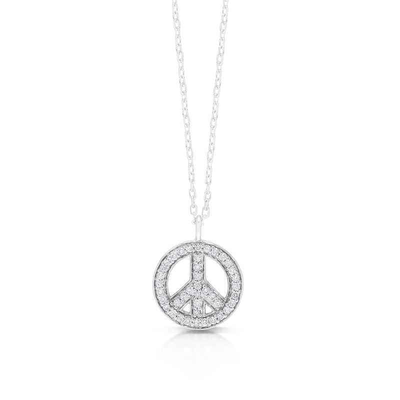 White Diamond Peace Pendant Necklace Sterling Silver