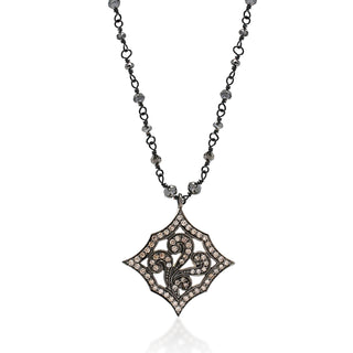 Head-Carved Brown Diamond (6.77 CT) Scroll with Roughcut Black Diamond Bead Necklace (25mm*23mm)