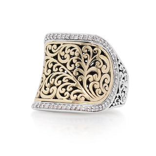 18K Gold LH Signature Scroll with White Diamond Border & Sterling Silver Ring