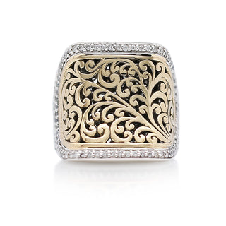 18K Gold LH Signature Scroll with White Diamond Border & Sterling Silver Ring