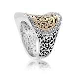 18K Gold LH Signature Scroll with White Diamond Border & Sterling Silver Ring
