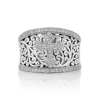 Cutout Scroll Band w/Diamond Cross - Lois Hill Jewelry