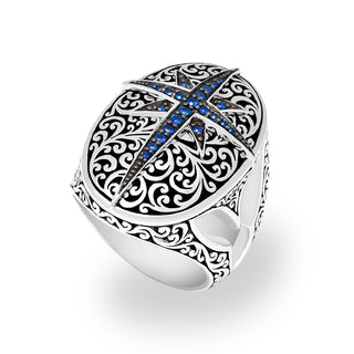 Blue Sapphire Octagram (0.28 CT) Cutout with Classic Signature Lois Hill Scroll Tapered Band Ring (18mm*26mm)