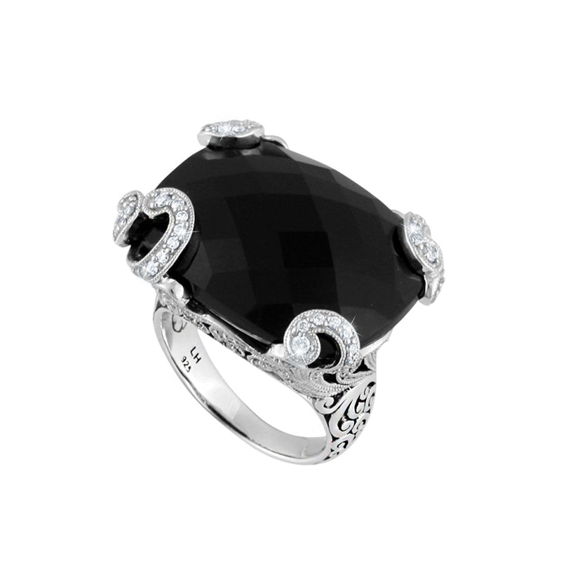 Classic Signature Scroll Rectangular Black Onyx with White Diamond Accents Cocktail Ring