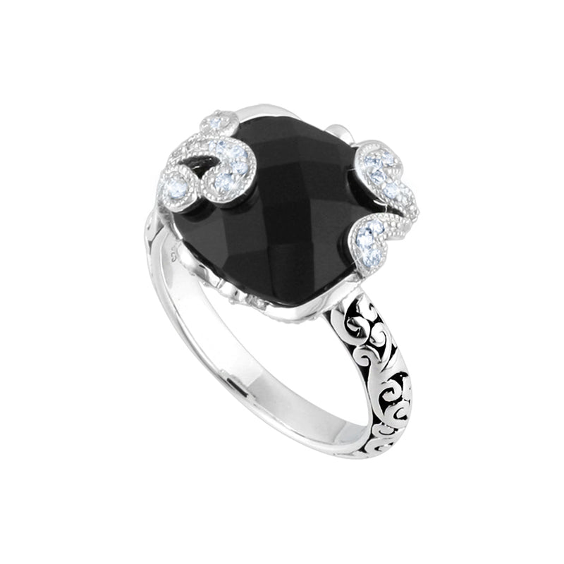 Classic Signature Scroll Square Black Onyx with White Diamond Accents Cocktail Ring