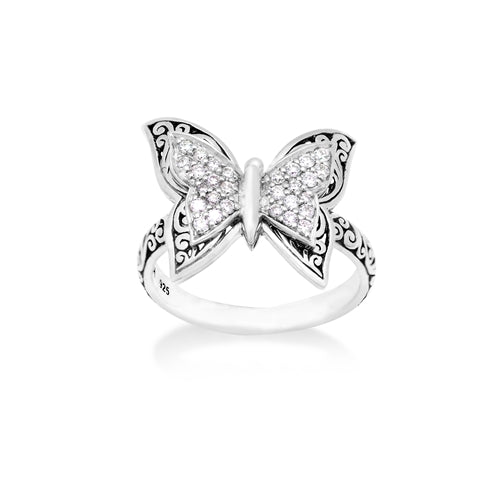 Hand Carved Scroll Butterfly Diamond Ring - Lois Hill Jewelry