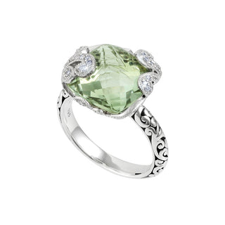 Classic Signature Scroll Square Green Quartz with White Diamond Accents Cocktail Ring